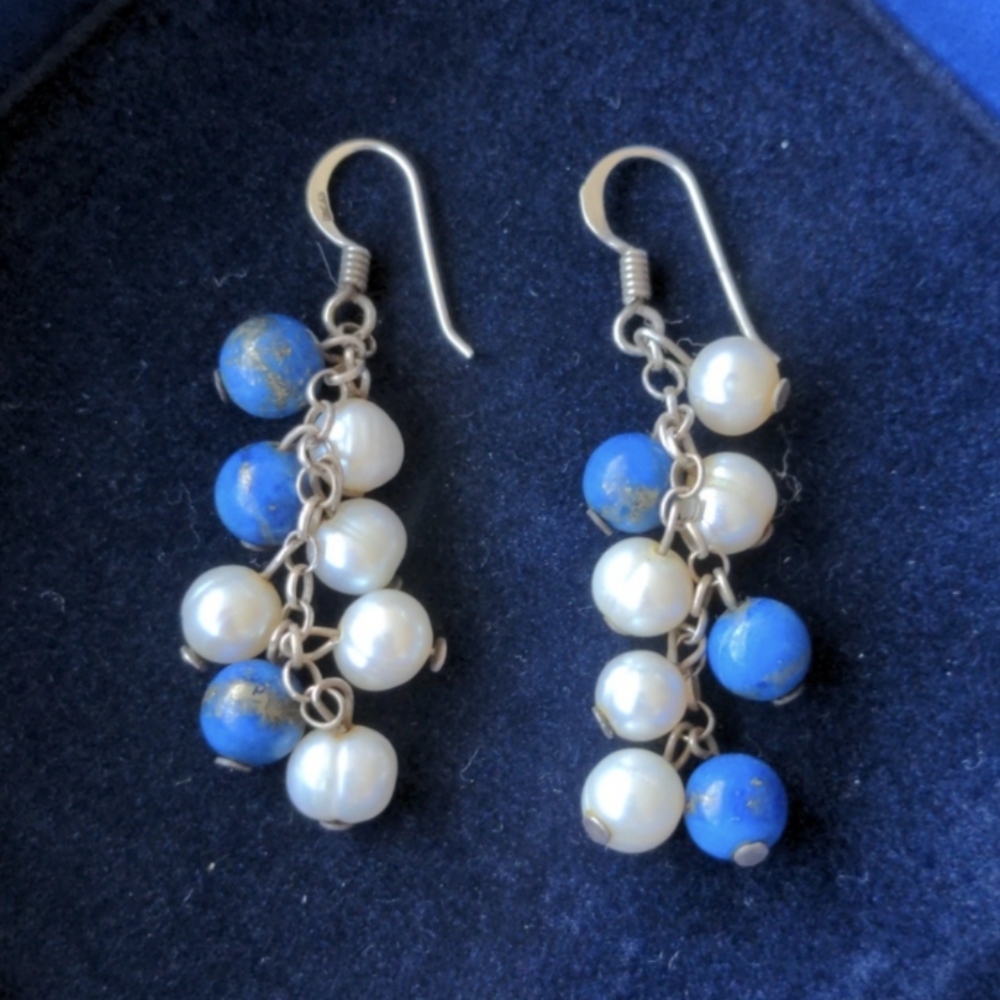 Vintage 925 sterling silver earrings with natural lapis lazuli and pearls